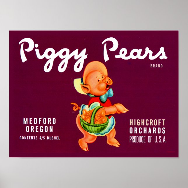 Affiche étiquette de caisse de fruits Poires Piggy des ann (Devant)