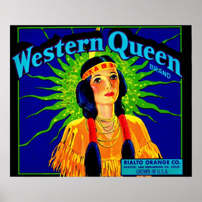 Affiche étiquette de caisse orange Western Queen des année (Devant)