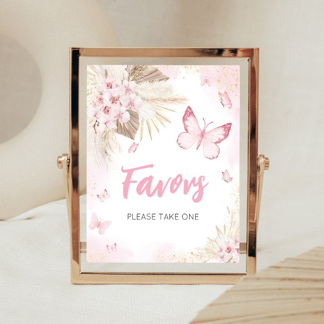 Affiche Étiquette de Faveurs de Baby Shower Papillon Rose (Girl Butterfly Pampas Grass Baby Shower Favors Sign)
