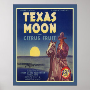 Affiche étiquette de fruits Texas Moon dans les années 195