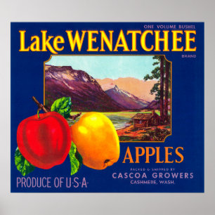 Affiche Étiquette de pomme du lac Wenatchee (bleu) - Cashm
