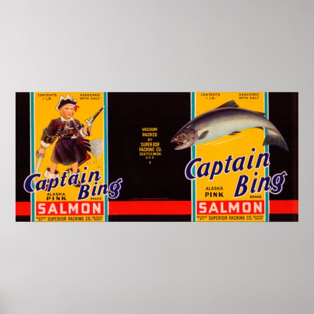 Affiche Étiquette de saumon de marque Captain Bing - Seatt (Devant)