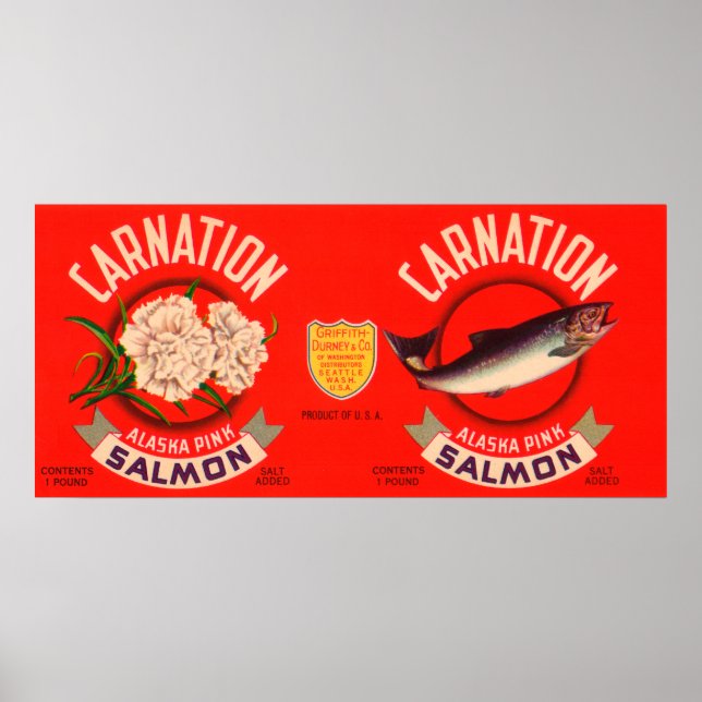 Affiche Étiquette Saumon de marque Carnation - Seattle, WA (Devant)