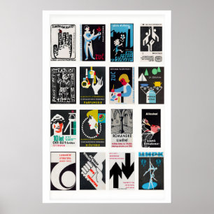 Affiche Étiquettes de boîte d'allumettes noires en grille,