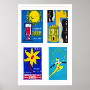 Affiche Étiquettes de boîtes d'allumettes bleues et jaunes