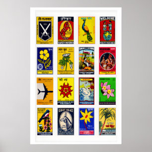 Affiche Étiquettes de boîtes d'allumettes hindi en grille,