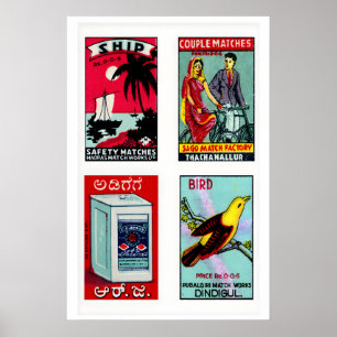 Affiche Étiquettes de boîtes d'allumettes indiennes bleu c