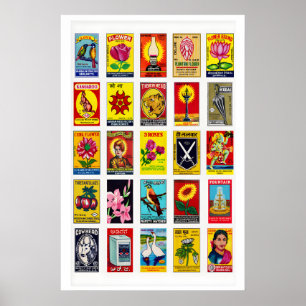 Affiche Étiquettes de boîtes d'allumettes indiennes en gri