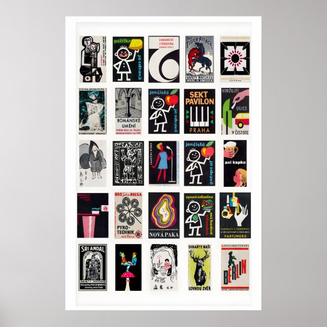 Affiche Étiquettes de boîtes d'allumettes rétro noires, ar (Devant)
