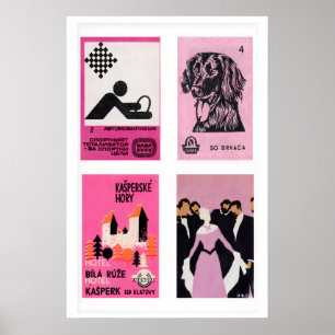 Affiche Étiquettes de boîtes d'allumettes rose et noir en 