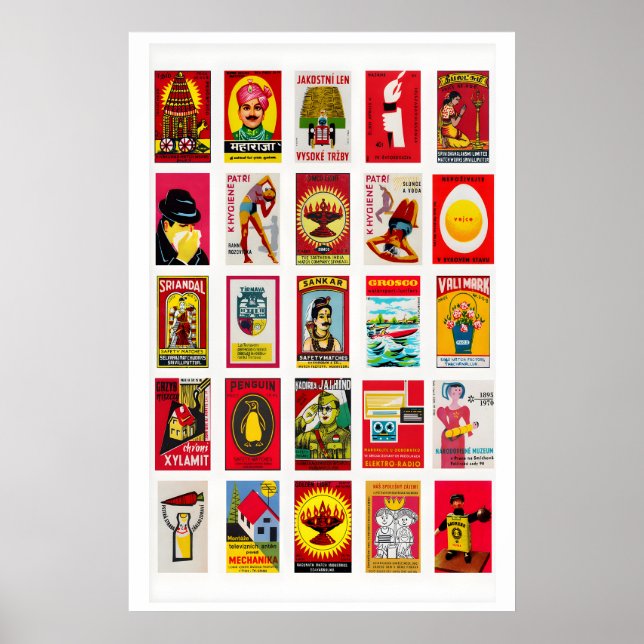 Affiche Étiquettes de boîtes d'allumettes rouges Collage,  (Devant)