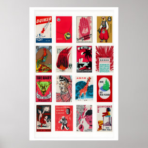 Affiche Étiquettes de boîtes d'allumettes rouges en grille