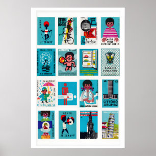 Affiche Étiquettes de Boîtes d'Allumettes Turquoise en Gri