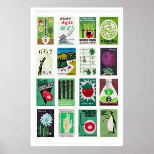 Affiche Étiquettes de boîtes d'allumettes vertes en grille