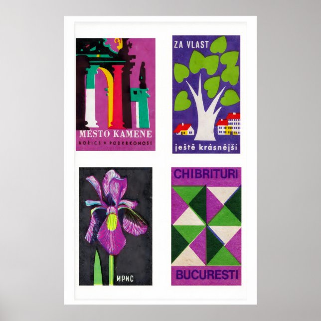 Affiche Étiquettes de boîtes d'allumettes violettes et ver (Devant)