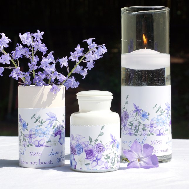 Affiche Étiquettes Rose bleu et violet enroulés (purple and blue rose wedding centerpiece with wrap-around label for glass vase or candle votive)
