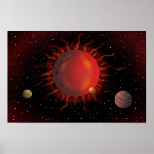 Affiche Étoile géante rouge en combustion et planètes atti