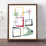 Affiche Étoiles Carrés atomiques et Boomerang milieu du si<br><div class="desc">Ajoutez cette bouffée d'amusement et de couleur à votre mur avec cette affiche moderne de l'ère atomique du milieu du siècle ! Ce design présente des carrés abstraits,  des starbursts et un boomerang aux couleurs rouge,  vert,  bleu,  jaune et noir... si funky !</div>