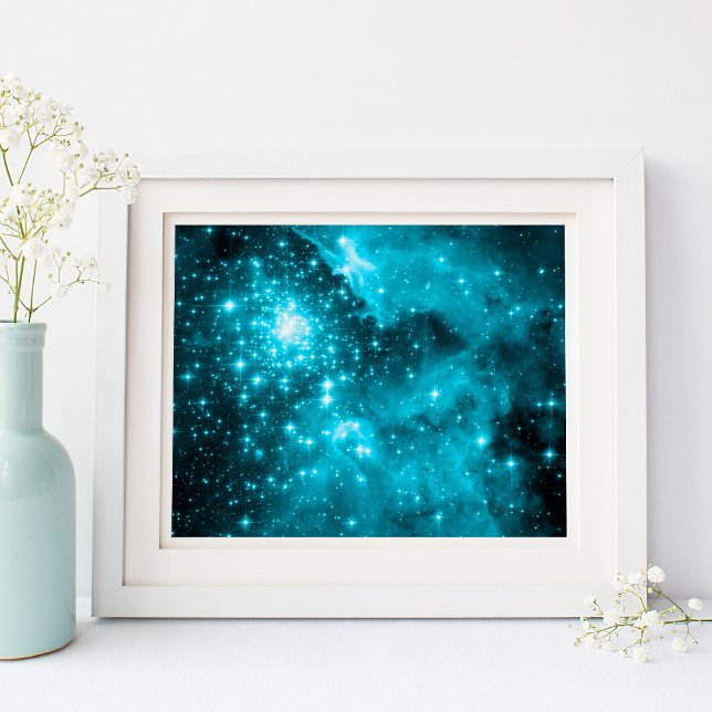 Affiche Étoiles célestes aqua étincelantes et sarcelle (Sparkly Aqua and Teal Celestial Stars Poster)