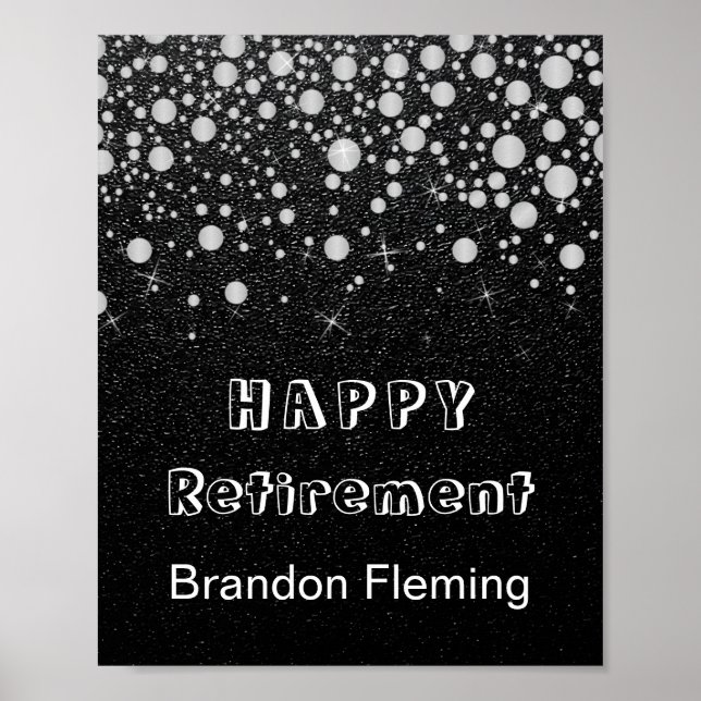 Affiche Étoiles Confetti Argent Retraite sur Noir (Devant)