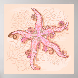 Affiche Étoiles de mer et corail rose motif pastel