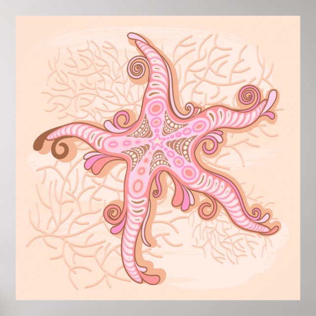 Affiche Étoiles de mer et corail rose motif pastel (Devant)