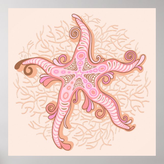 Affiche Étoiles de mer et corail rose pastel (Devant)