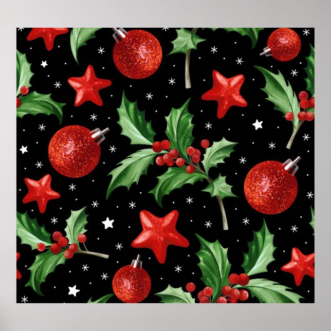 Affiche Étoiles de neige Holly de Noël sans couture (Devant)