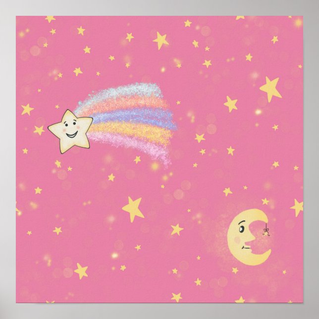 Affiche Étoiles douces et lune sur rose (Devant)