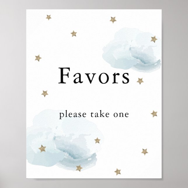 Affiche Étoiles et nuages Bleus Baby shower Faveur Signer (Devant)