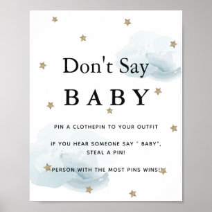 Affiche Etoiles et nuages bleus Baby shower Ne pas dire bé