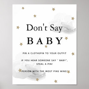 Affiche Etoiles et nuages gris Baby shower Ne pas dire béb