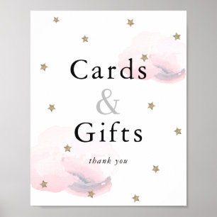 Affiche Étoiles Nuages rose Cartes de Baby shower et cadea