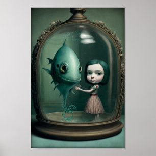 Affiche Étrange fille Imaginaire et Aquarium Créature
