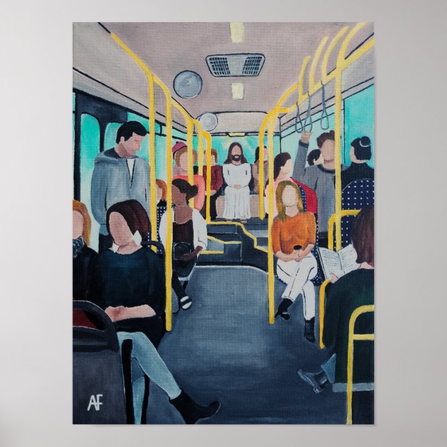 Affiche Étranger dans le bus, peinture d'Alfred Fox (Devant)
