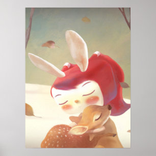Affiche Étreinte forestière : Fille lapine étreignant un p