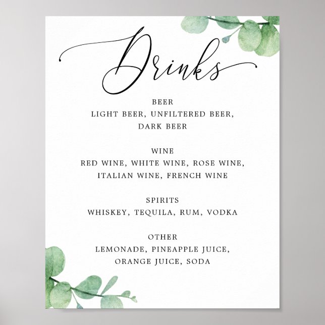 Affiche Eucalyptus Bar Menu Sign | Elegant Wedding Drinks (Devant)