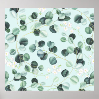 Affiche Eucalyptus Bliss : Motif d'aquarelle turquoise.