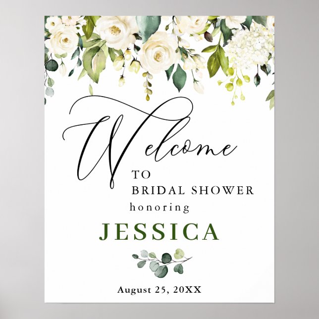 Affiche Eucalyptus élégant Roses blanches Baby Shower (Devant)