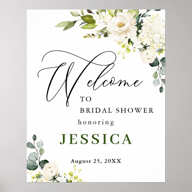 Affiche Eucalyptus élégant Roses blanches Baby Shower (Devant)
