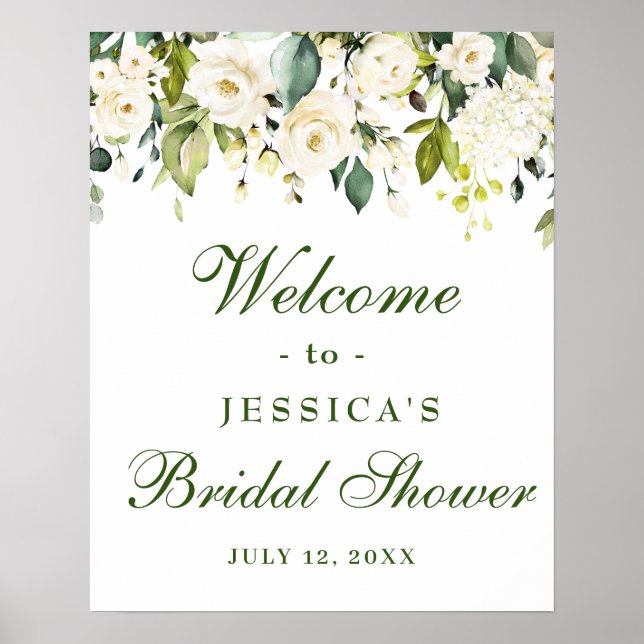 Affiche Eucalyptus élégant Roses blanches Baby Shower (Devant)