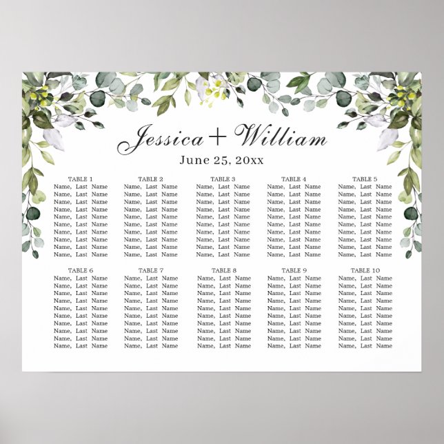 Affiche Eucalyptus Floral 10 Tables Mariage CHART DE SIÈGE (Devant)