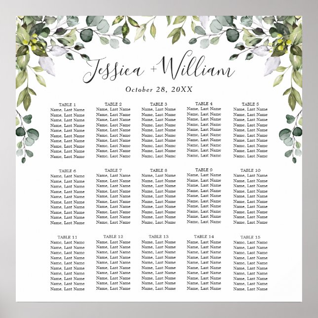 Affiche Eucalyptus Floral 15 Tables Mariage CHART DE SIÈGE (Devant)