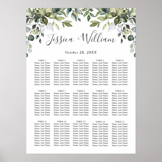 Affiche Eucalyptus Floral 15 Tables Mariage CHART DE SIÈGE (Devant)