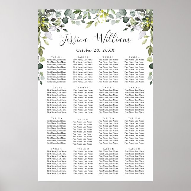 Affiche Eucalyptus Floral 16 Tables Mariage CHART DE SIÈGE (Devant)