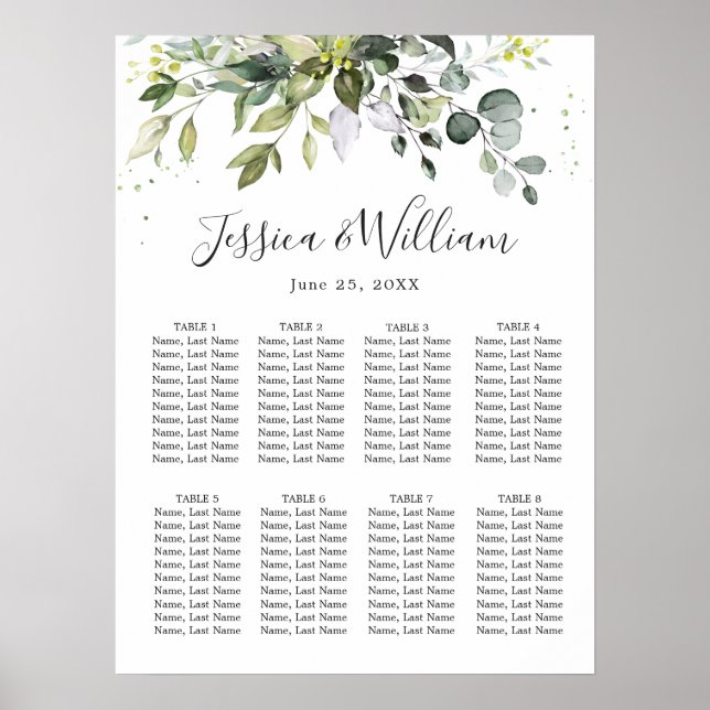 Affiche Eucalyptus Floral 8 Tables Wedding SEATING CHART (Devant)