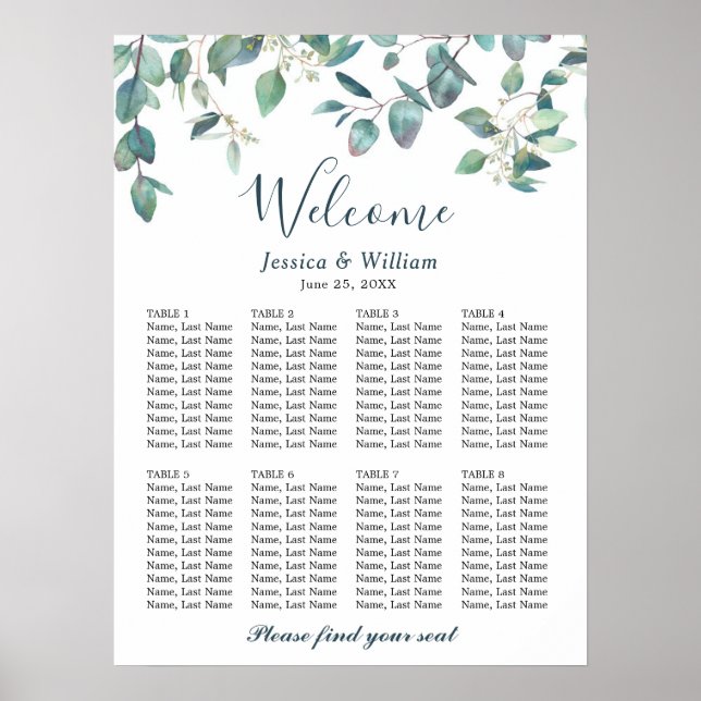 Affiche Eucalyptus Green 8 Tables Mariage SEATING GRAPHIQU (Devant)