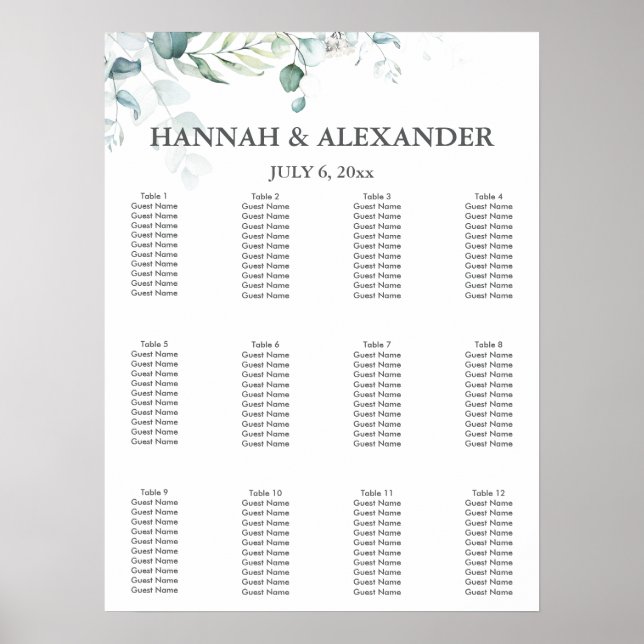 Affiche Eucalyptus Greenery Wedding Seating Chart (Devant)