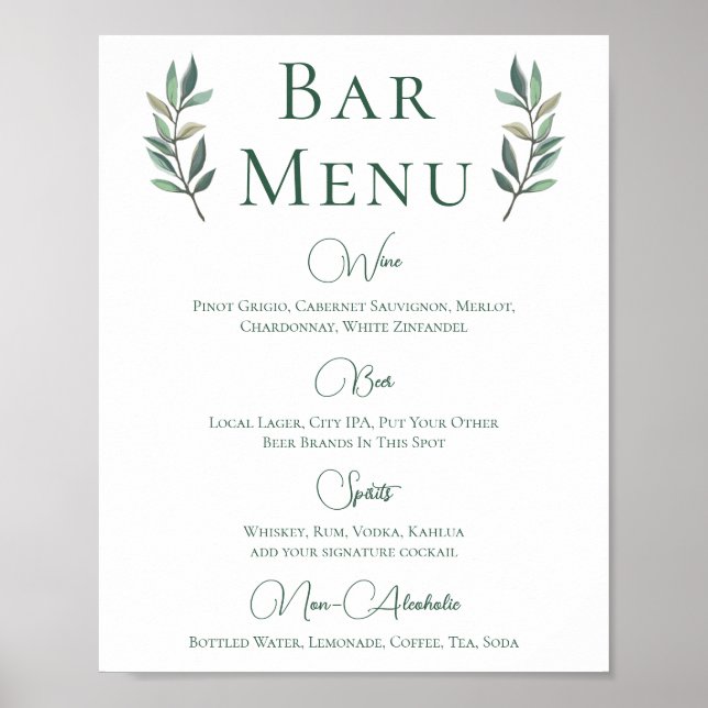 Affiche Eucalyptus Leaf Simple Botanique Mariage Bar Menu (Devant)