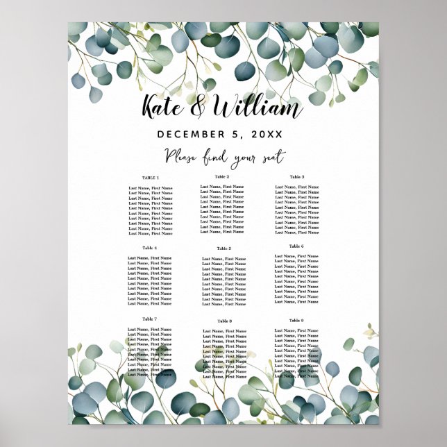 Affiche Eucalyptus mariage floral plan table parti/mariage (Devant)